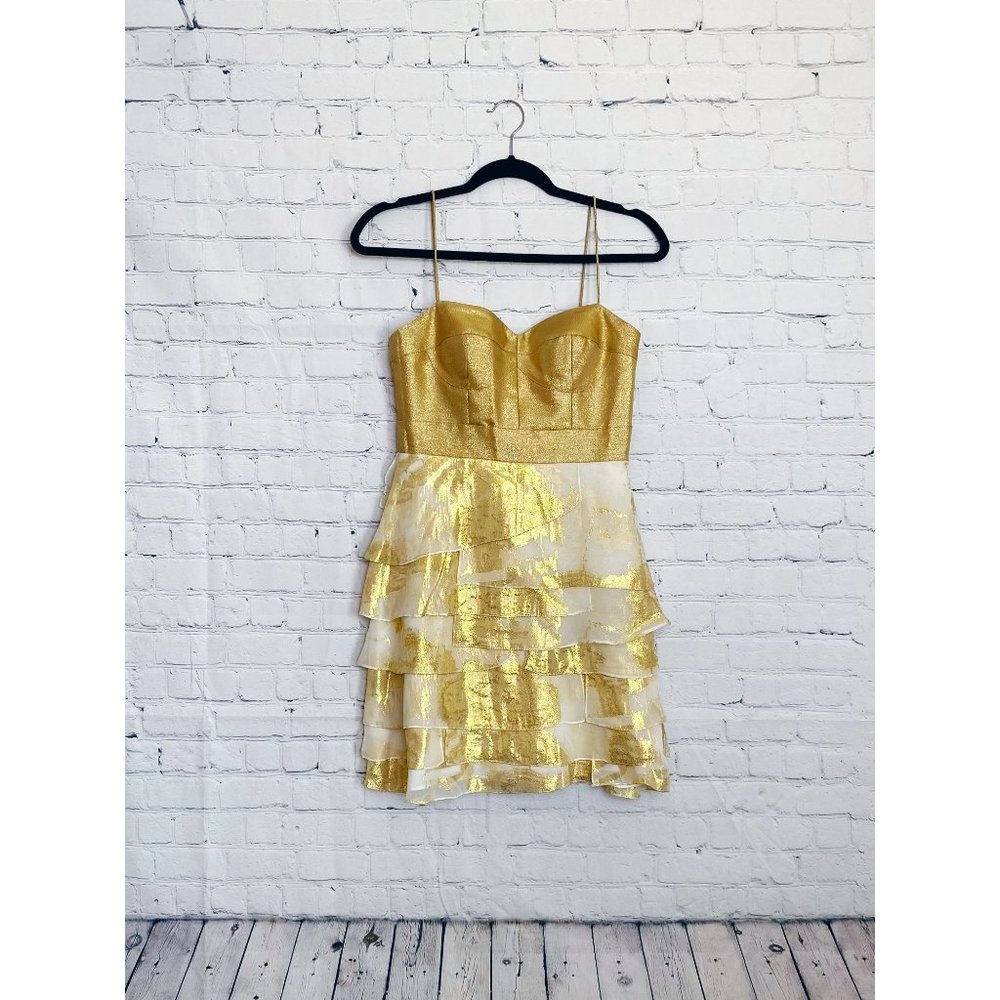 AIDAN MATTOX Gold Leaf Ruffle Fit & Flare Shimmery Mini Dress Size 4 NWOT Formal
